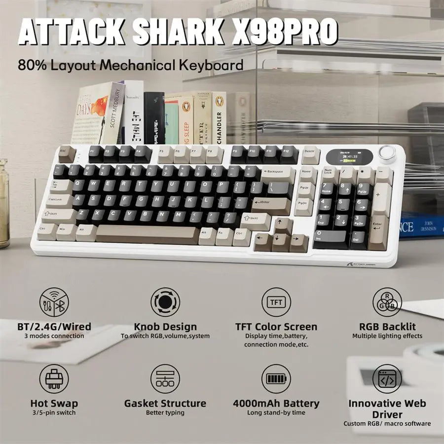 ATTACK SHARK X98PRO Wireless Gaming Keyboard, 99 Keys, LED Color Display, Hot-Swappable Blueberry Switch, Bluetooth 2.4G Wired, 4000mAh Battery, Cheese White