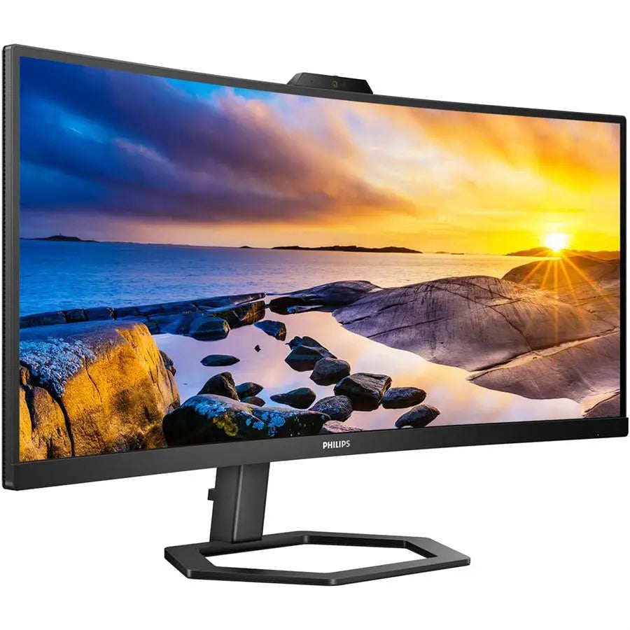 Philips 34E1C5600HE Curved Monitor, 34' UltraWide QHD, 100Hz, Built-in Windows Hello Webcam, Noise Canceling Mic, USB-C Docking, Stereo Speakers, Black