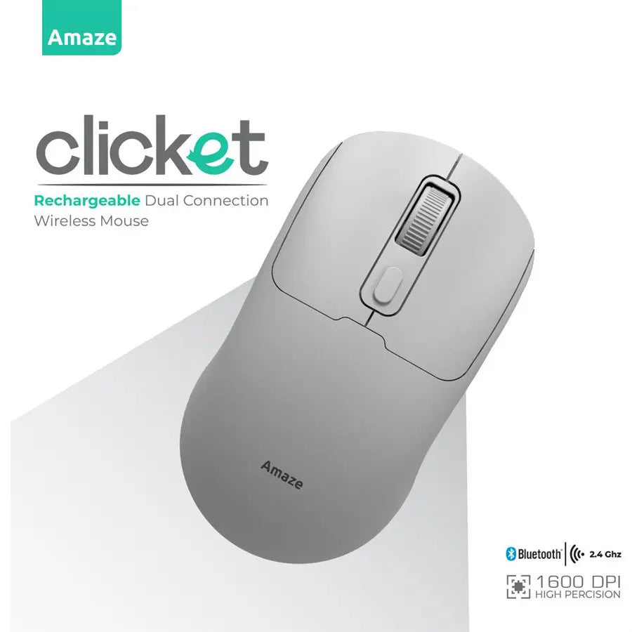Amaze Clicket A712 Wireless Mouse, Dual Wireless Bluetooth and 2.4GHz, Adjustable 800/1200/1600 DPI, 4 Buttons, Silent Touch, Rechargeable Type-C 500mAh, 64g, Grey