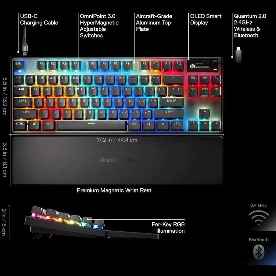SteelSeries Apex Pro TKL Wireless Gen 3 Gaming Keyboard OmniPoint 3.0 Hall Effect Switches, Adjustable Actuation, Rapid Trigger, Rapid Tap, Game-Ready Presets, American QWERTY 64871