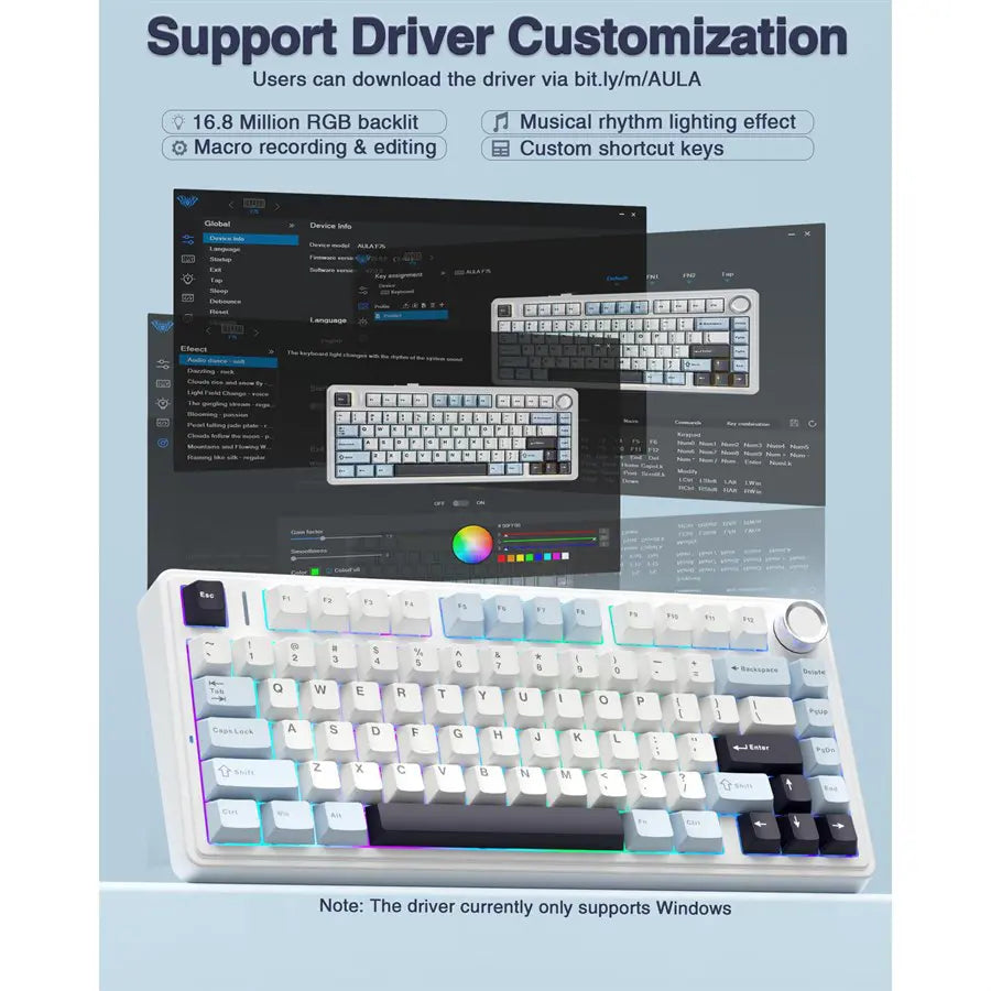 Aula F75 75% Wireless Mechanical Keyboard, Gasket Hot Swappable, Pre-Lubed Reaper Switch, RGB, Knob, 4000mAh, Blue