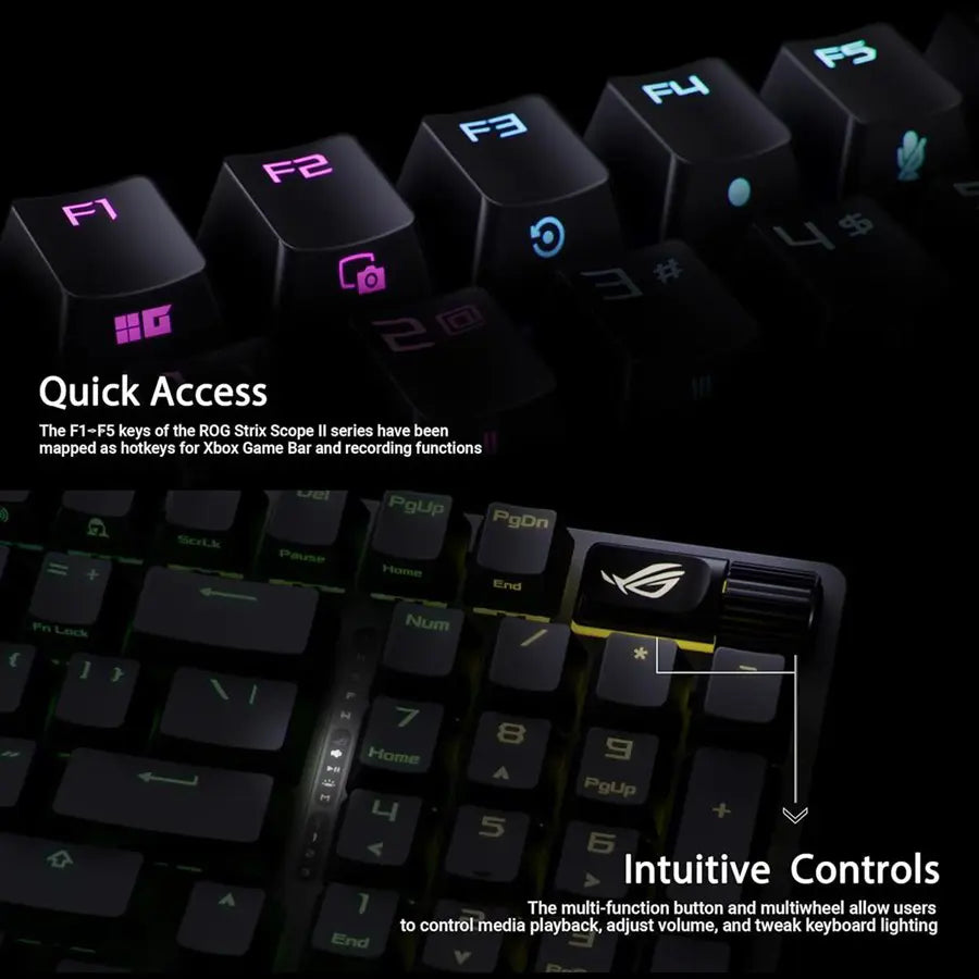 Asus Rog Strix Scope II 96 RX Wireless Gaming Keyboard, Tri-Mode Connectivity, 96% Compact Layout, ROG RX Optical Switches, RGB, Black