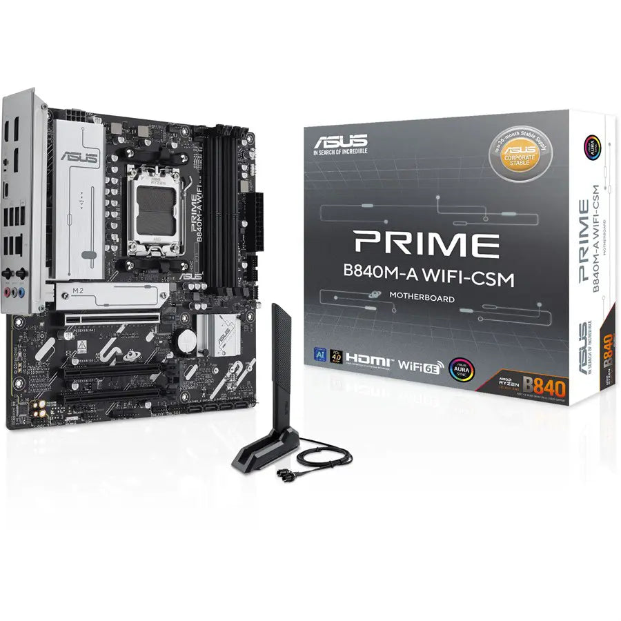 Asus PRIME B840M-A WIFI-CSM AMD mATX Motherboard DDR5 WiFi 6E Aura Sync - AMD AM5 Socket - Advanced AI Ready