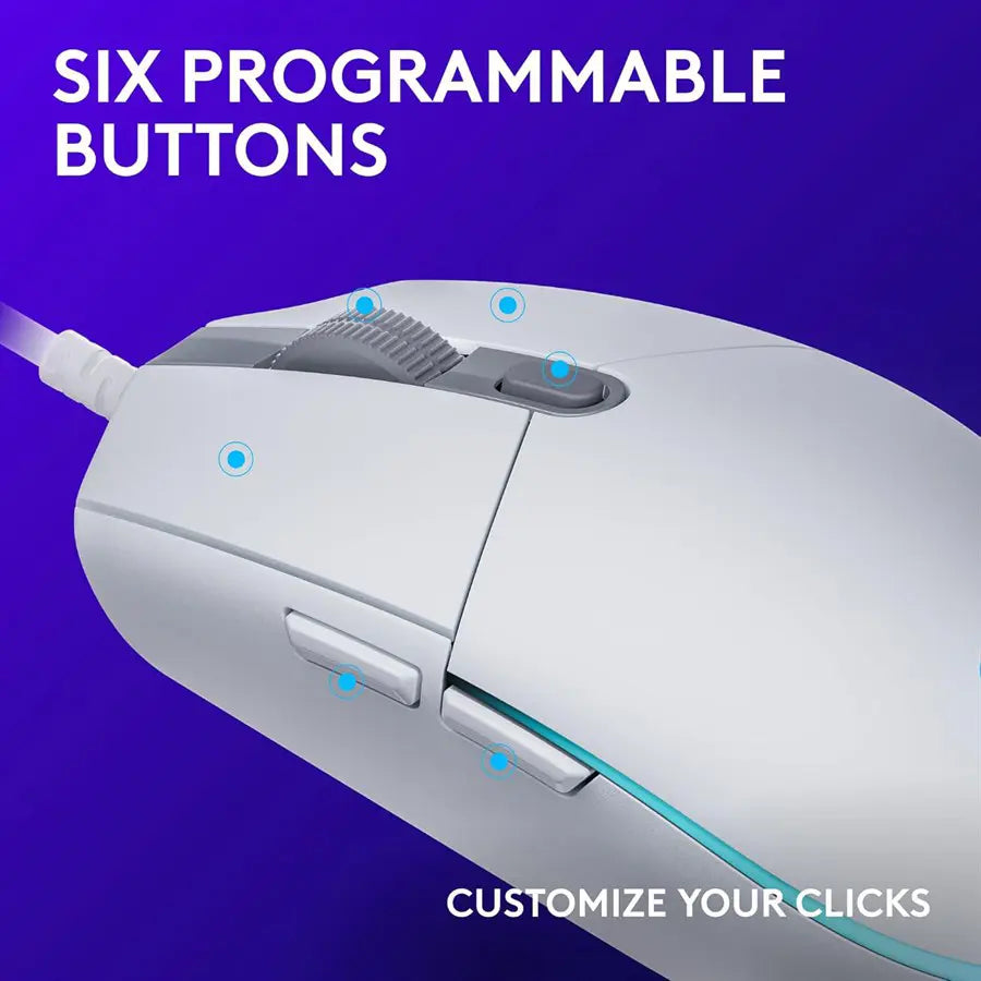 Logitech G203 LIGHTSYNC Gaming Mouse Customizable RGB, 6 Programmable Buttons, 8k DPI Sensor, Lightweight, White 910-005797