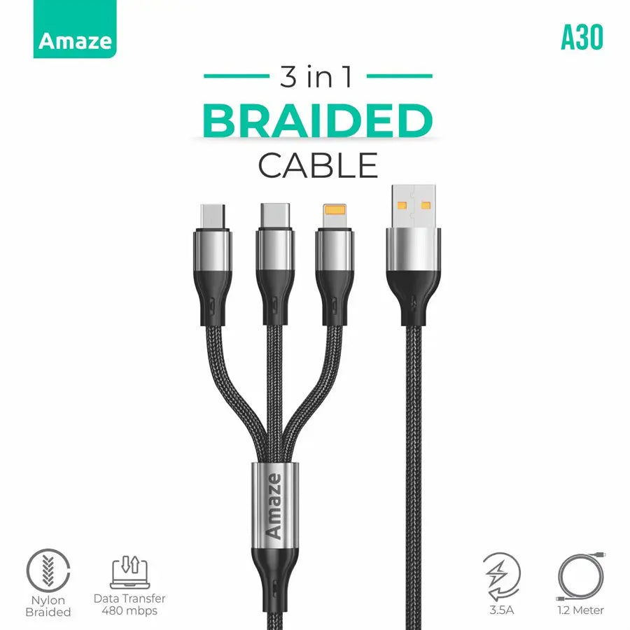 Amaze A30 3-in-1 USB to Micro/Type-C/Lightning Cable 3.5A Fast Charging, 1.2m Braided