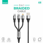 Amaze A30 3-in-1 USB to Micro/Type-C/Lightning Cable 3.5A Fast Charging, 1.2m Braided