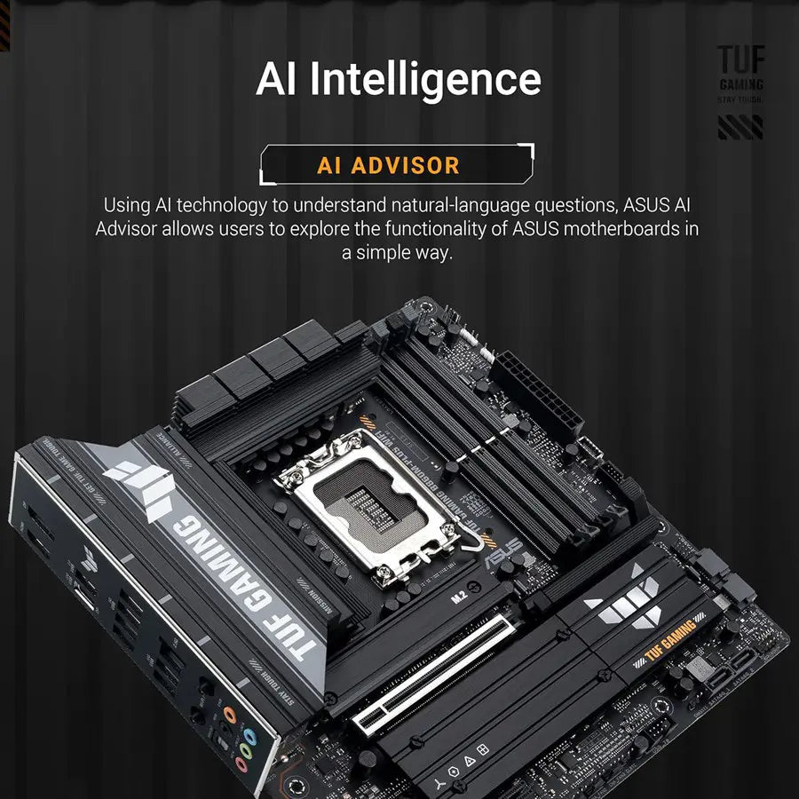 Asus TUF Gaming B860M-Plus WiFi Motherboard, LGA1851, Intel B860, mATX, DDR5 256GB 8800+MT/s, 3x M.2, Wi-Fi 7, Realtek 2.5Gb Ethernet