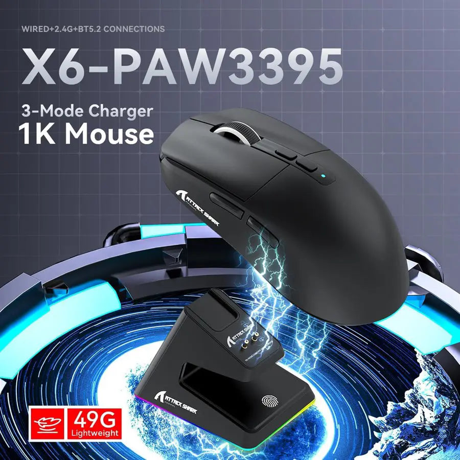 ATTACK SHARK X6 Tri-Mode Gaming Mouse With Charging Dock, 26000 DPI, PixArt PAW3395 Sensor, 49g Superlight, 200 Hours Battery, Ergonomic Design, Black