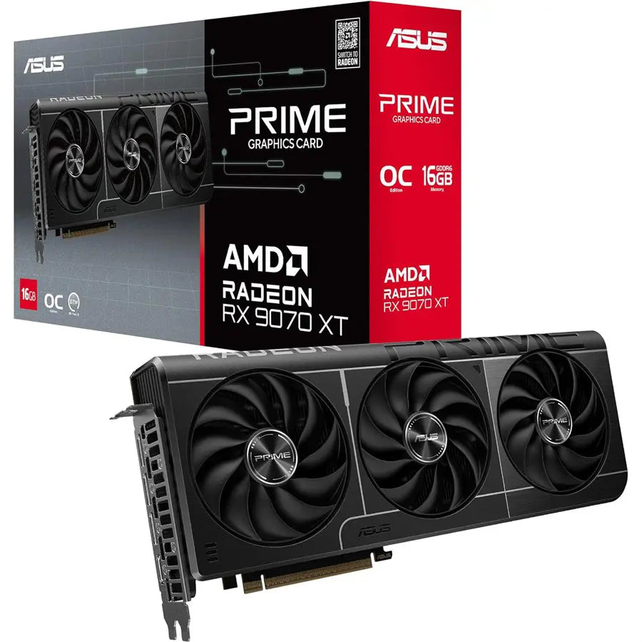 ASUS Prime Radeon RX 9070 XT OC Edition Graphics Card, 16GB GDDR6, PCI Express 5.0, HDMI 2.1b and 3x DisplayPort 2.1a, 2.5 Slot, PRIME-RX9070XT-O16G