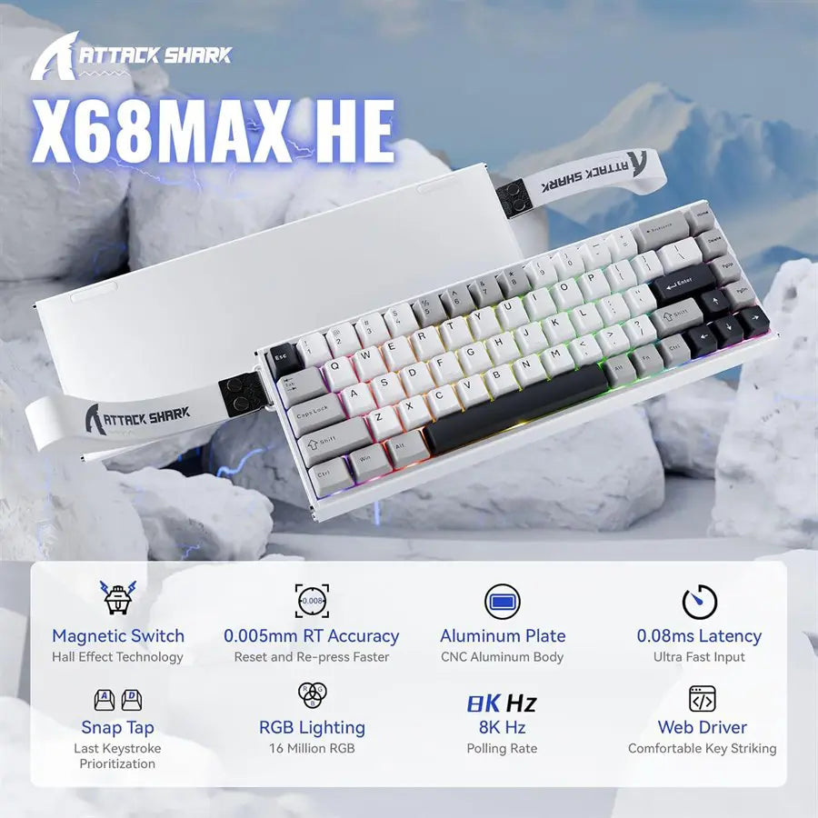 ATTACK SHARK X68 MAX HE Wired Rapid Trigger Mechanical TKL Gaming Keyboard, Full Aluminum CNC, Hall Effect Magnetic Switch, RGB Backlit, 8K Polling, 0.005mm Accuracy, NKRO, Starlight White