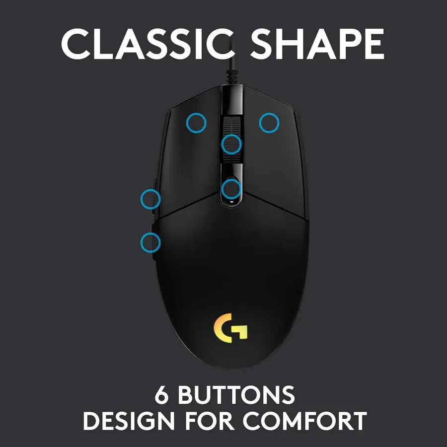 Logitech G203 LIGHTSYNC Gaming Mouse Customizable RGB, 6 Programmable Buttons, 8K DPI Sensor, Lightweight, Black 910-005796