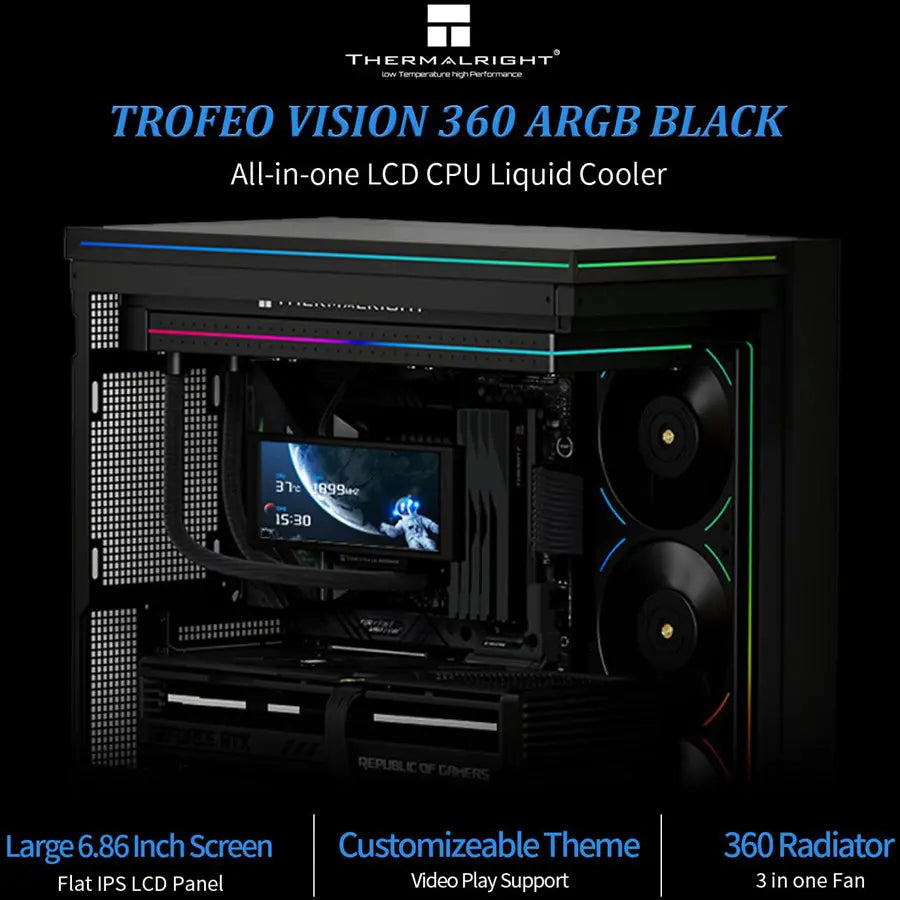 Thermalright Trofeo Vision 360 ARGB Black Liquid CPU Cooler, 6.86-Inch Magnetic IPS LCD Screen, 2400x1080 Resolution, Intel LGA1700/1851, AMD AM4/AM5