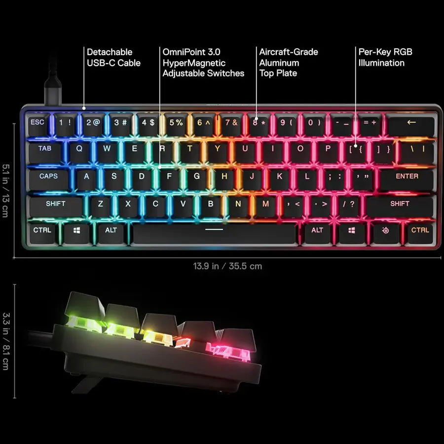 SteelSeries Apex Pro Mini Gen 3 Mechanical Gaming Keyboard OmniPoint 3.0 HyperMagnetic Switches, Adjustable Actuation, Rapid Trigger, RGB, USB-C 64913