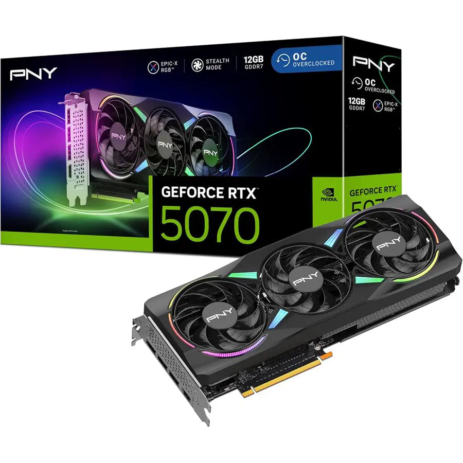 PNY NVIDIA GeForce RTX 5070 Epic-X ARGB OC Triple Fan Graphics Card 12GB GDDR7 PCIe 5.0 Black VCG507012TFXXPB1-O