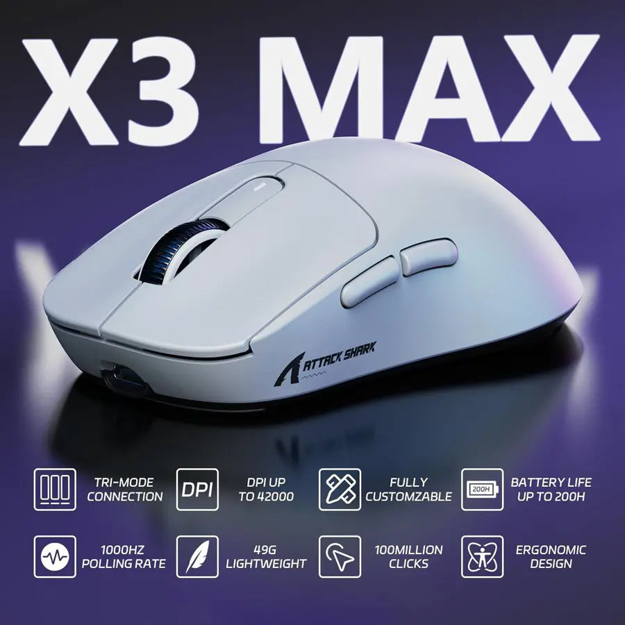 ATTACK SHARK X3MAX Wireless Gaming Mouse, PixArt PAW3950 Sensor, Up To 42000 DPI, Tri-Mode BT/2.4G/Wired, 49g Superlight, 200 Hours Battery, White