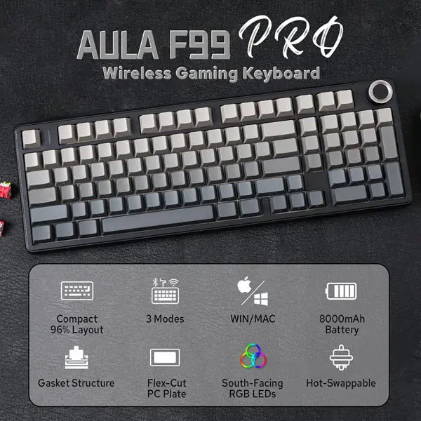 Aula F99 PRO Wireless 3-in-1 Mechanical Gaming Keyboard, Side-Engraved Keycaps, 8000mAh Battery, Rotary Knob, Gradient Gray, Nimbus Switch, Gasket
