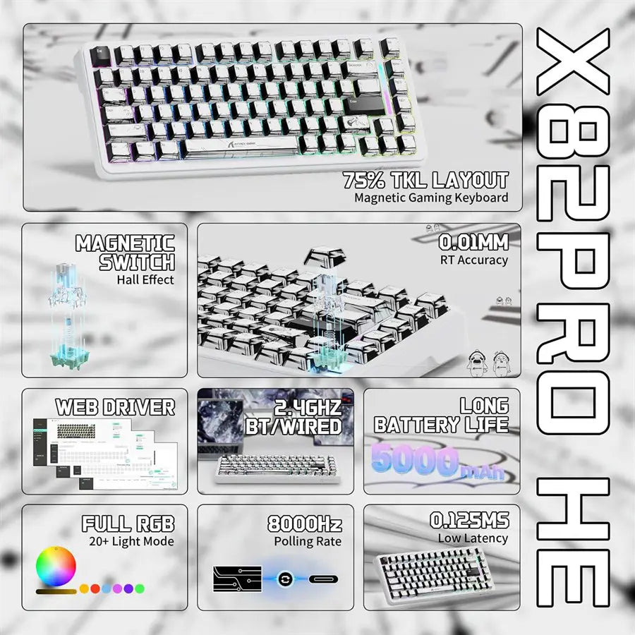 Attack Shark X82 Pro HE Mechanical Gaming Keyboard, Tri-Mode 2.4G Wired BT, 8K Polling Rate, Hall Effect Magnetic Switch, 5000mAh, White Comic