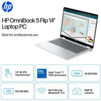 HP OmniBook 5 Flip 14-FP0023DX 2-in-1 14' 2K x360 TouchScreen Laptop | Intel® Core™ 7 150U 16GB DDR5 512GB SSD Backlit KB 14' FHD+ Touchscreen | Glacier Silver