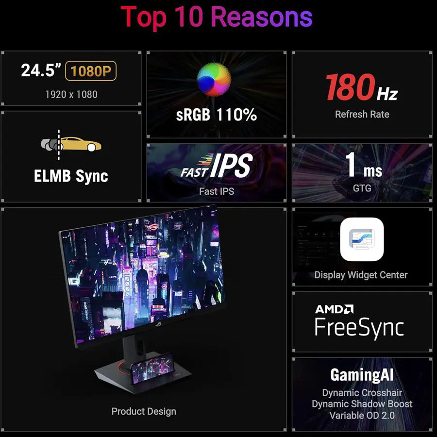 ASUS ROG Strix XG259CS Gaming Monitor 24.5 Inch 1080P, HDR, 180Hz, 1ms, Fast IPS, ELMB Sync, USB-C, G-SYNC Compatible