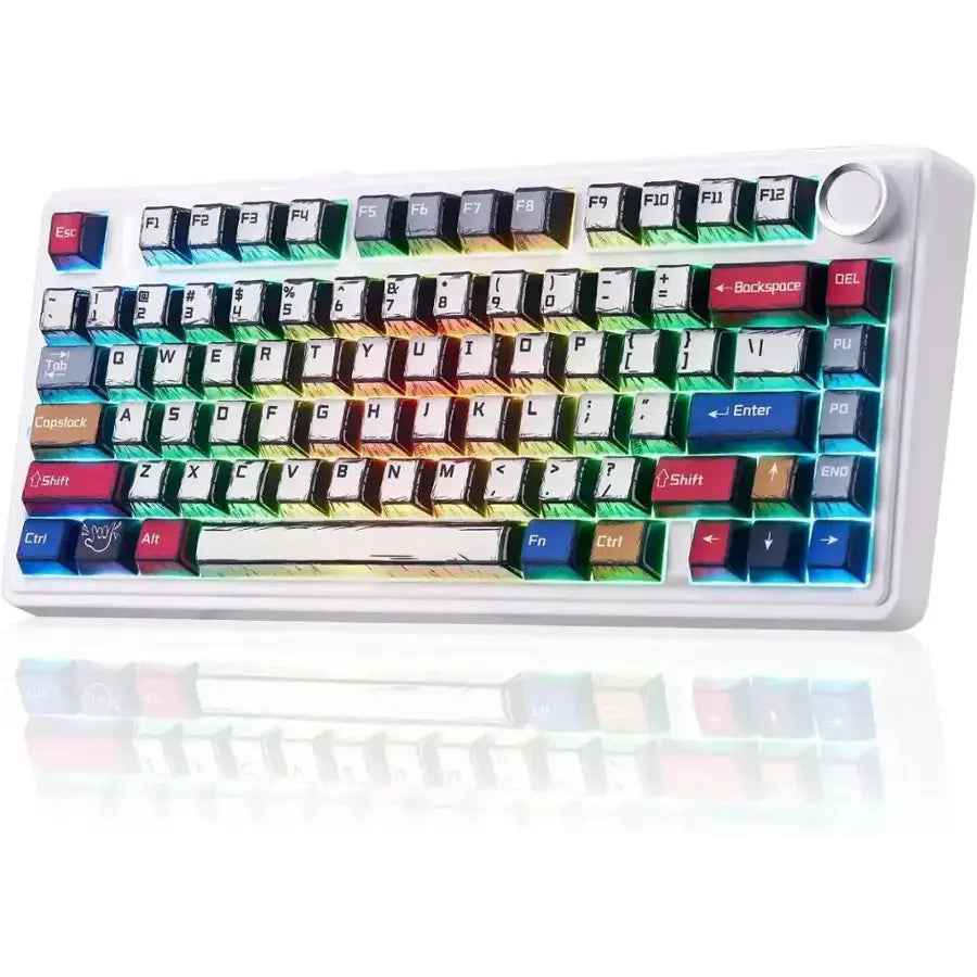 Aula F75 Wireless Mechanical Keyboard, 75% Layout, Tri-Mode, Hot Swappable Reaper Switches, RGB Backlight, Double-Shot PBT Manga Keycaps, White Blue Red