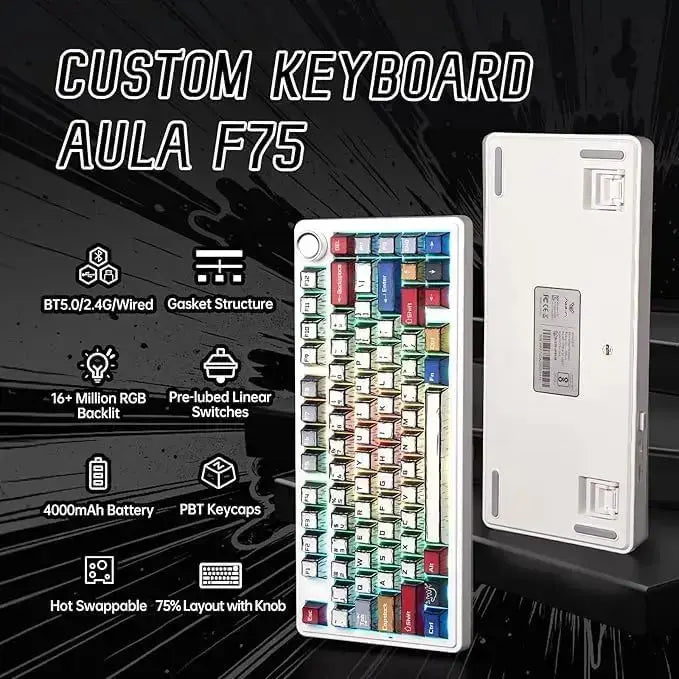 Aula F75 Wireless Mechanical Keyboard, 75% Layout, Tri-Mode, Hot Swappable Reaper Switches, RGB Backlight, Double-Shot PBT Manga Keycaps, White Blue Red