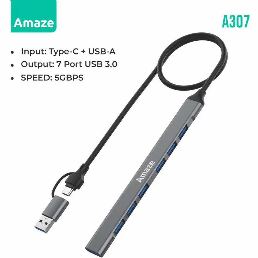 Amaze A307 USB + Type-C 7-Port USB 3.0 Hub, 5Gbps Speed, Dual Interface, Plug and Play
