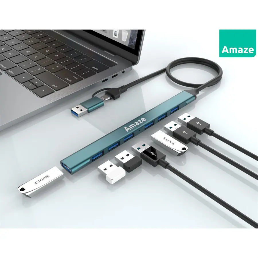Amaze A307 USB + Type-C 7-Port USB 3.0 Hub, 5Gbps Speed, Dual Interface, Plug and Play