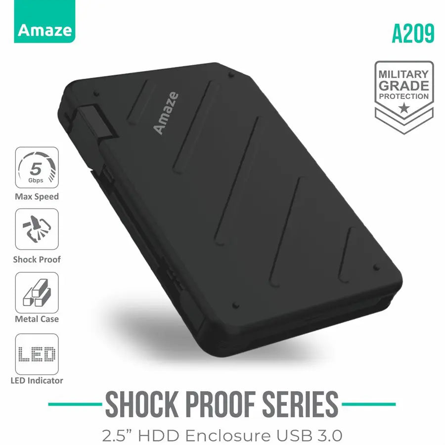 Amaze A209 Shock Proof 2.5' HDD Case USB 3.0, 5Gbps Speed, Metal + Silicon Protection