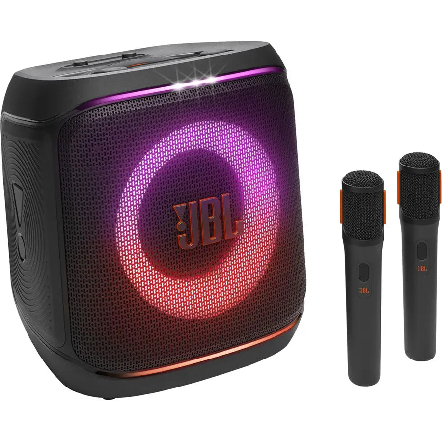 JBL PartyBox Encore 2 Portable Speaker, 100W RMS, JBL Pro Sound With AI Sound Boost, Dynamic Lightshow, Up To 15 Hours Play Time, Includes 2 Wireless Mics, IPX4, JBLPBENCORE22MICAS, Black