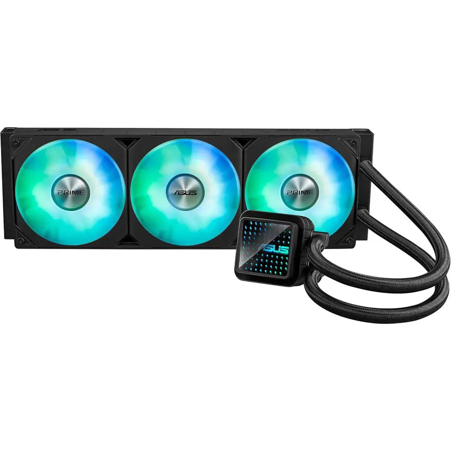 ASUS Prime LC 360 ARGB Black Edition, All-in-One CPU Liquid Cooler, Special CPU Contact Area, Finned Channels, Infinity Mirror Lens, Pre-Installed ARGB Fans, Aura Lighting, Reinforced Sleeved 400mm Tubing