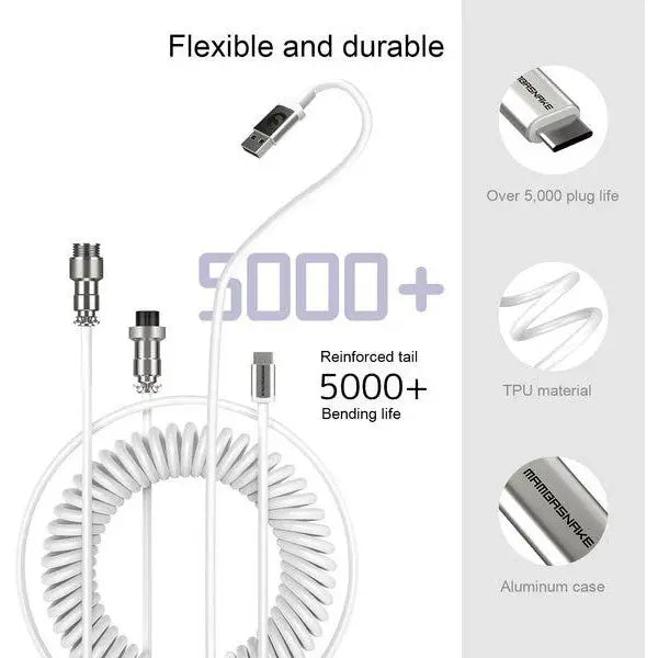 ATTACK SHARK x MAMBASNAKE C01 Coiled USB C Cable, Pro Custom Double-Sleeved, Type-C To USB-A, Detachable 4-Pin Aviation Connector, Nano TPU Material, White