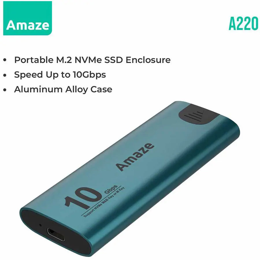 Amaze A220 Portable M.2 NVMe SSD Enclosure 10Gbps, Aluminum Alloy, Tool-Free, Type-C Cable Included