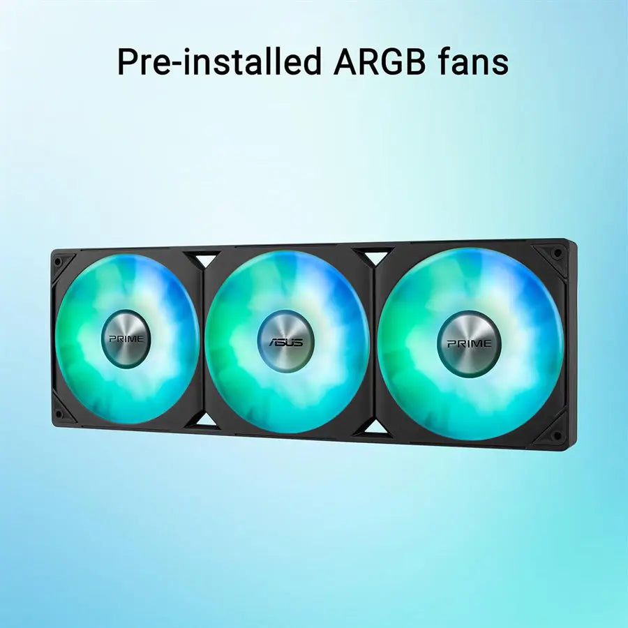 ASUS Prime LC 360 ARGB Black Edition, All-in-One CPU Liquid Cooler, Special CPU Contact Area, Finned Channels, Infinity Mirror Lens, Pre-Installed ARGB Fans, Aura Lighting, Reinforced Sleeved 400mm Tubing