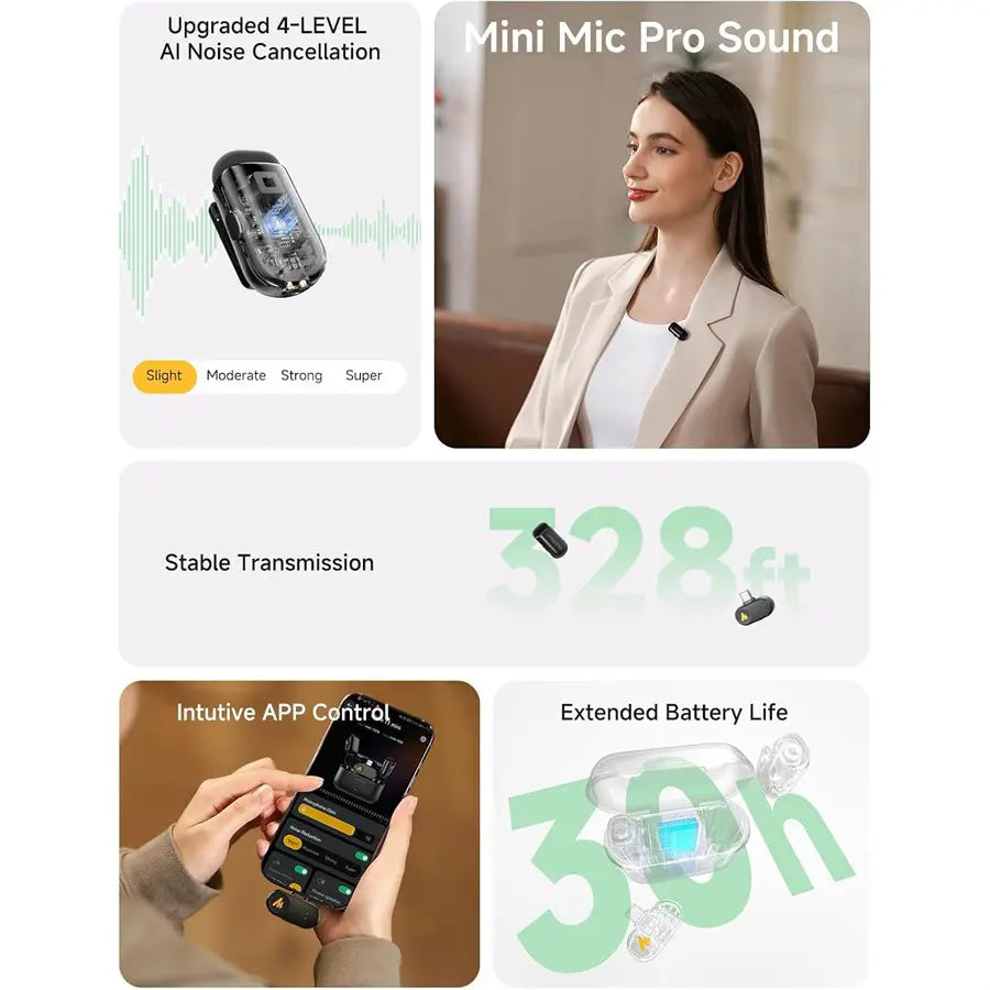 MAONO Wave T1 Mini Wireless Lavalier Microphone, USB-C Plug, 48kHz/16bit, 4-Level AI Noise Cancellation, 30Hours, 328ft, Black, WM622 PC2