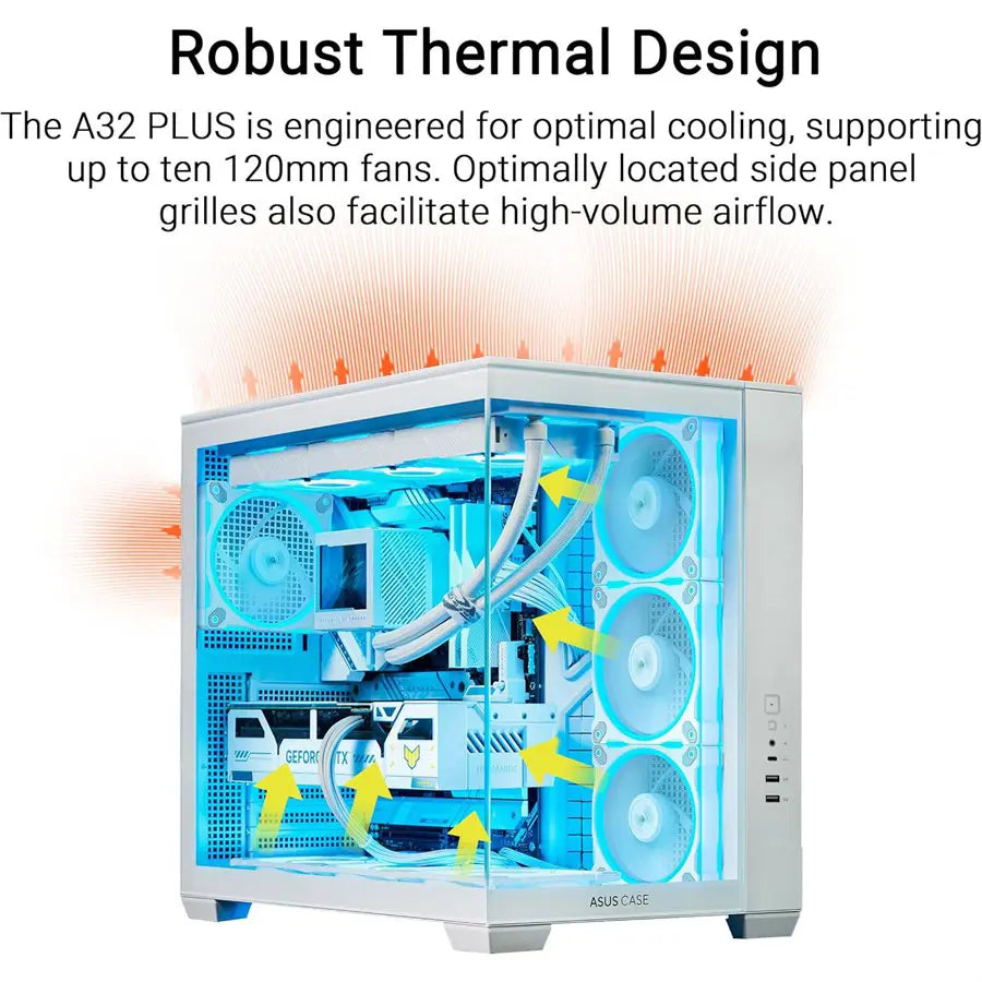 Asus A32 Plus TG ARGB Case Midtower ATX, Tempered Glass, 4 ARGB Fans, 360mm Radiator Support, USB 3.2 Gen 2 Type-C, 420mm GPU, White