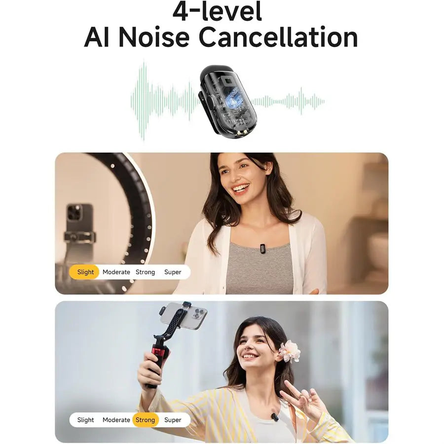 MAONO Wave T1 Mini Wireless Lavalier Microphone, 48kHz/16bit, 32dB Gain, 4-Level AI Noise Cancellation, 30hours, 328ft, USB-C and Lightning Plug, WM622 PBC2, Black