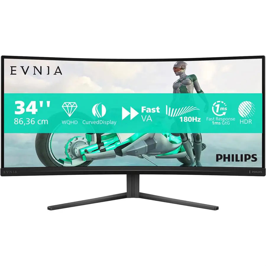 Philips Evnia 34M2C3500L Gaming Monitor, 34' WQHD Curved, 180Hz, 0.5ms, FreeSync Premium, HDR10, 2x HDMI, DisplayPort 1.4, Dark Grey