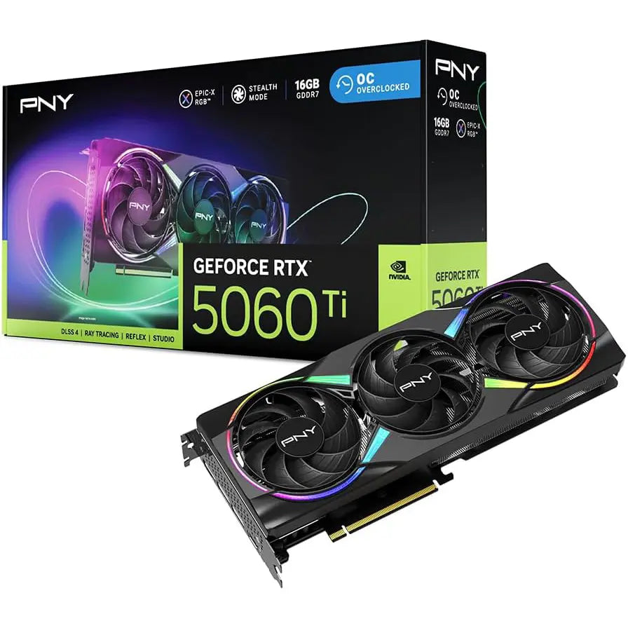 PNY NVIDIA GeForce RTX 5060 Ti Epic-X ARGB OC Triple Fan Graphics Card, 16GB GDDR7, 128-Bit, Boost 2692MHz, PCIe 5.0, HDMI and DP 2.1, 2-Slot, SFF-Ready, VCG5060T16TFXXPB1-O