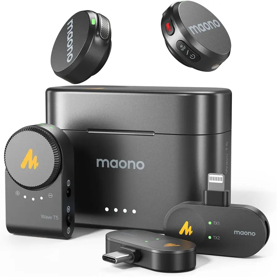 MAONO Wave T5 Wireless Lavalier Microphone, USB-C and Lightning Plug, 48kHz 24Bit, 30H Battery, 300m Range, Voice Filter, Noise Cancellation, For iPhone Android Camera PC