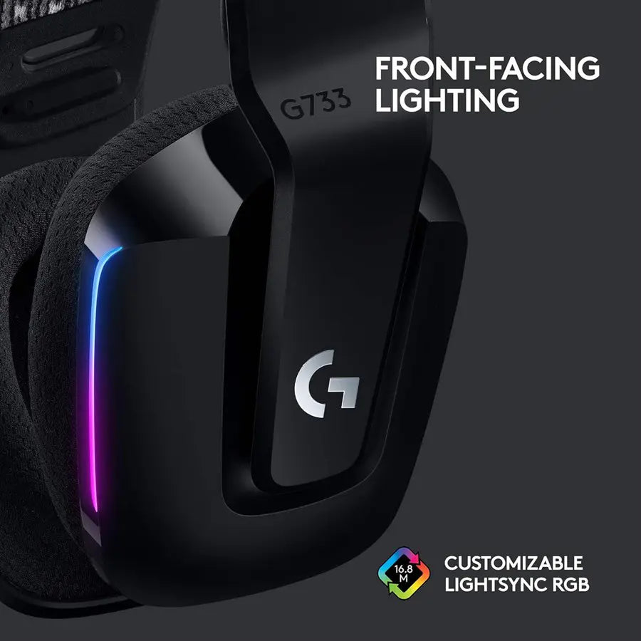 Logitech G733 Wireless Headset, Detachable 6mm Mic, LIGHTSPEED, LIGHTSYNC RGB, Black, 981-000867