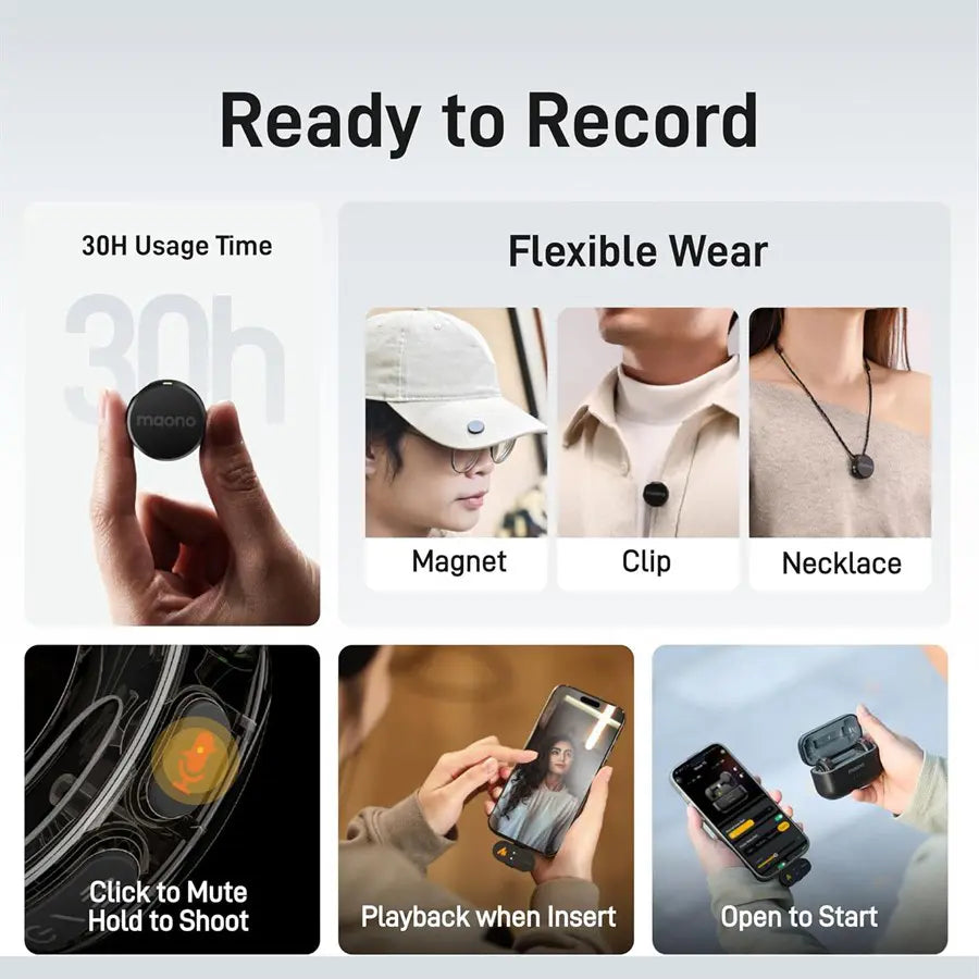 MAONO Wave T5 Wireless Lavalier Microphone, USB-C and Lightning Plug, 48kHz 24Bit, 30H Battery, 300m Range, Voice Filter, Noise Cancellation, For iPhone Android Camera PC