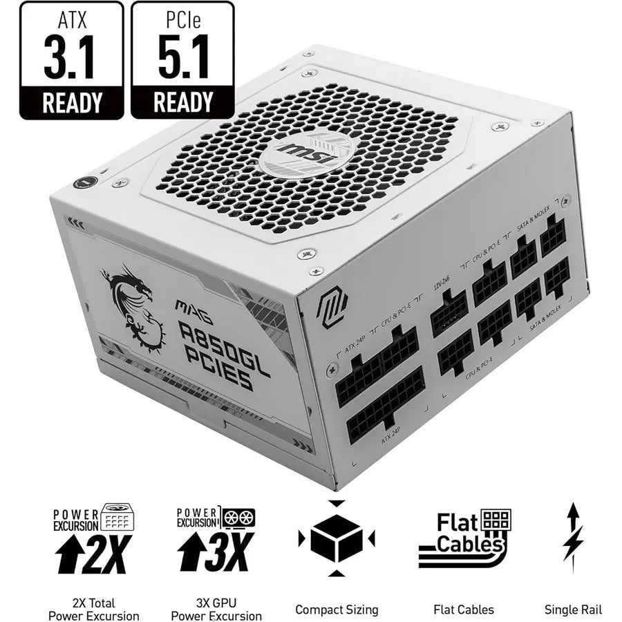 MSI MAG A850GL PCIE5 WHITE ATX 3.1 Ready PSU 80 PLUS Gold 850W Gaming Power Supply