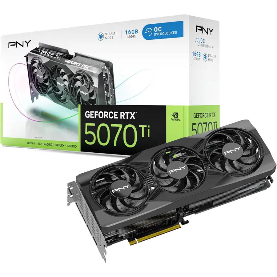 PNY NVIDIA GeForce RTX 5070 Ti OC Triple Fan Graphics Card, 16GB GDDR7 256-Bit, Boost Speed 2572MHz, PCIe 5.0, HDMI and DP 2.1, 2.98-Slot, Blackwell Architecture, DLSS 4, Black