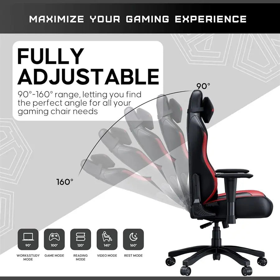 Anda Seat Luna Large Gaming Chair, Ergonomic Reclining Design, PVC Leather, Heavy Duty Neck and Back Support, Rocking Function, Black and Red