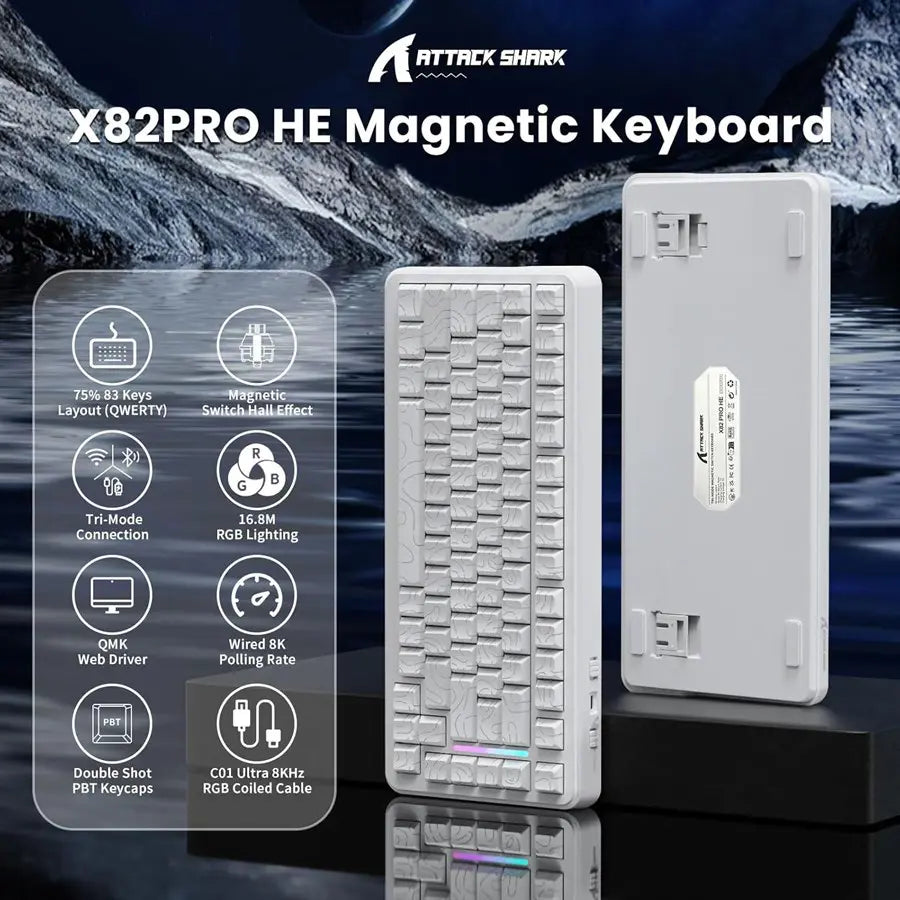 ATTACK SHARK X82PRO HE Wireless Rapid Trigger Gaming Keyboard, Hall Effect Magnetic Switch, 0.01mm Adjustable Actuation, 8Khz Polling Rate, Hot-Swap, RGB, White Contours