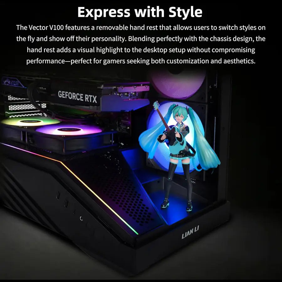 Lian Li Vector V100 ATX Mid-Tower PC Case, Black, Dual 4mm Tempered Glass Panels, ARGB Lighting, Supports ITX M-ATX ATX E-ATX, Up To 9 Fans, 360mm Radiator, GPU Support Bracket