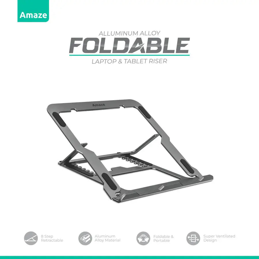 Amaze A535 Aluminum Alloy Foldable Laptop And Tablet Riser, Thin Portable Stand, 8-Step Height Adjustment, For Laptops Till 15.6 Inch