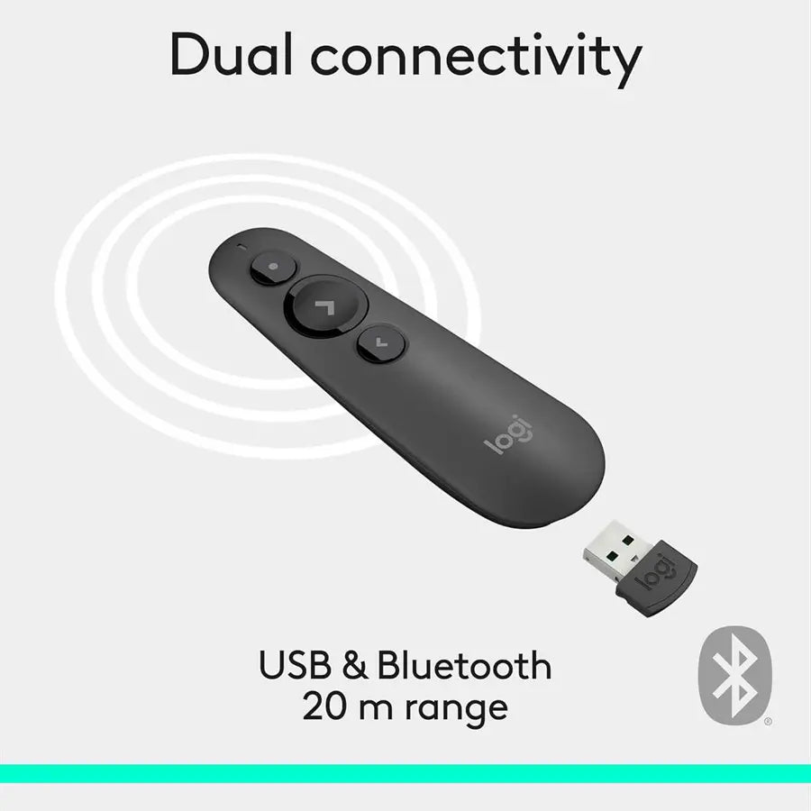 Logitech R500s Laser Presenter, Bluetooth and USB, 20m Range, Customisable, Smart Battery, Dark Grey, 910-005843