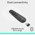 Logitech R500s Laser Presenter, Bluetooth and USB, 20m Range, Customisable, Smart Battery, Dark Grey, 910-005843