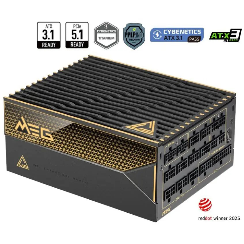 MSI MEG Ai1600T Power Supply, 1600W, PCIe 5.1 and ATX 3.1 Ready, Dual-Native 12V-2x6 Connectors, Tri-Certified Titanium